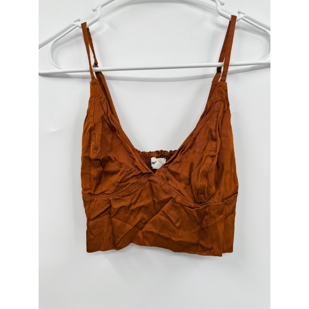 Aerie Medium Cami Crop Top Womens Rust Brown Smocked Back V-Neck Spaghetti Strap